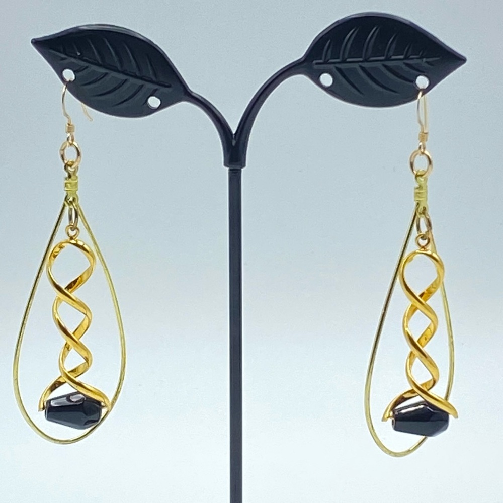 Yellow Gold Tone Teardrop Dangle Earrings Faceted Black Glass Twisted Pierced